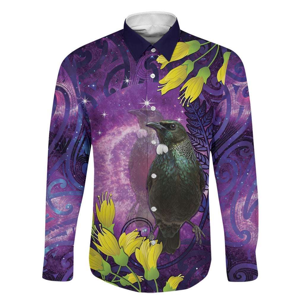 New Zealand Tui Bird Matariki Family Matching Puletasi and Hawaiian Shirt Kowhai Flower Silver Fern Galaxy Maori Pattern