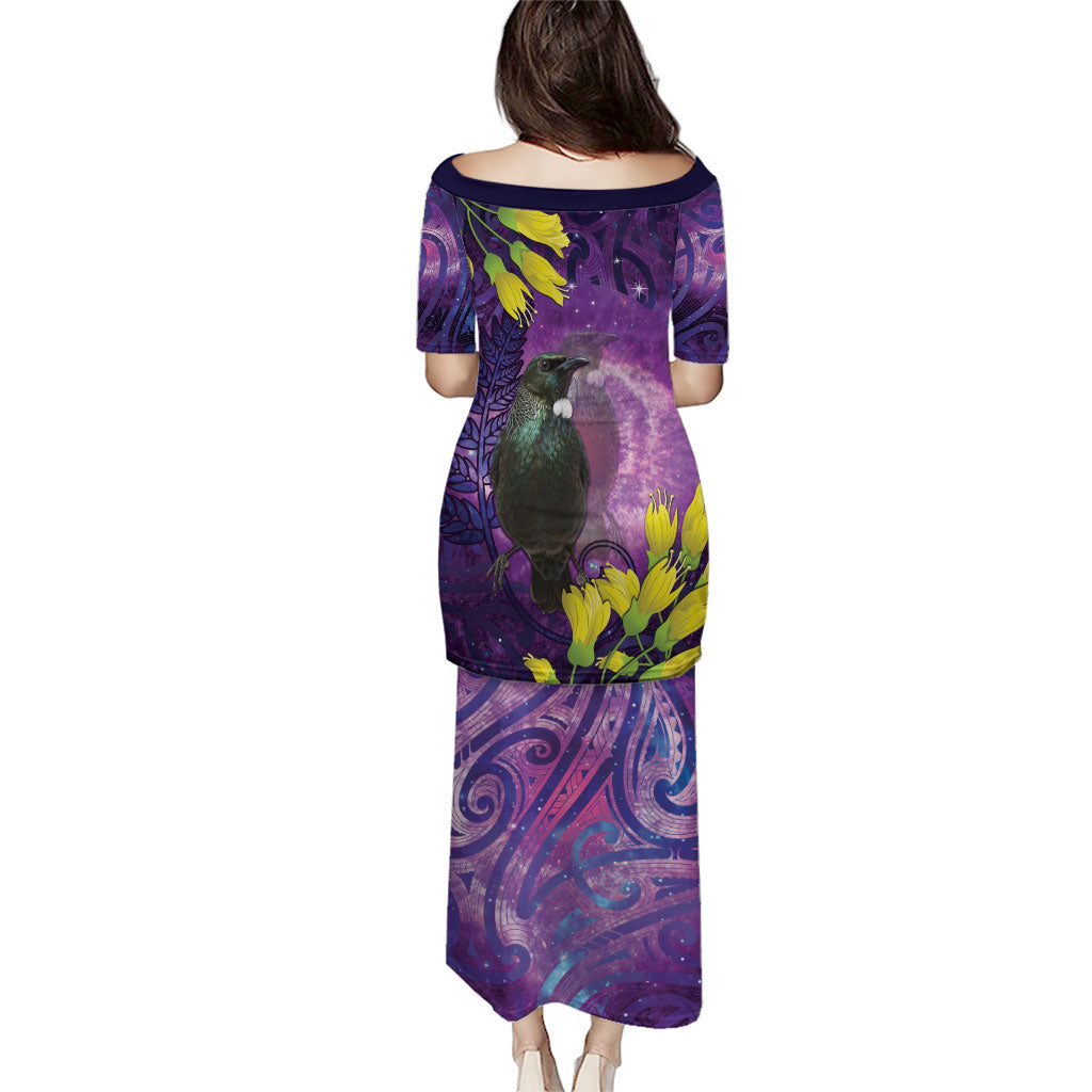 New Zealand Tui Bird Matariki Family Matching Puletasi and Hawaiian Shirt Kowhai Flower Silver Fern Galaxy Maori Pattern