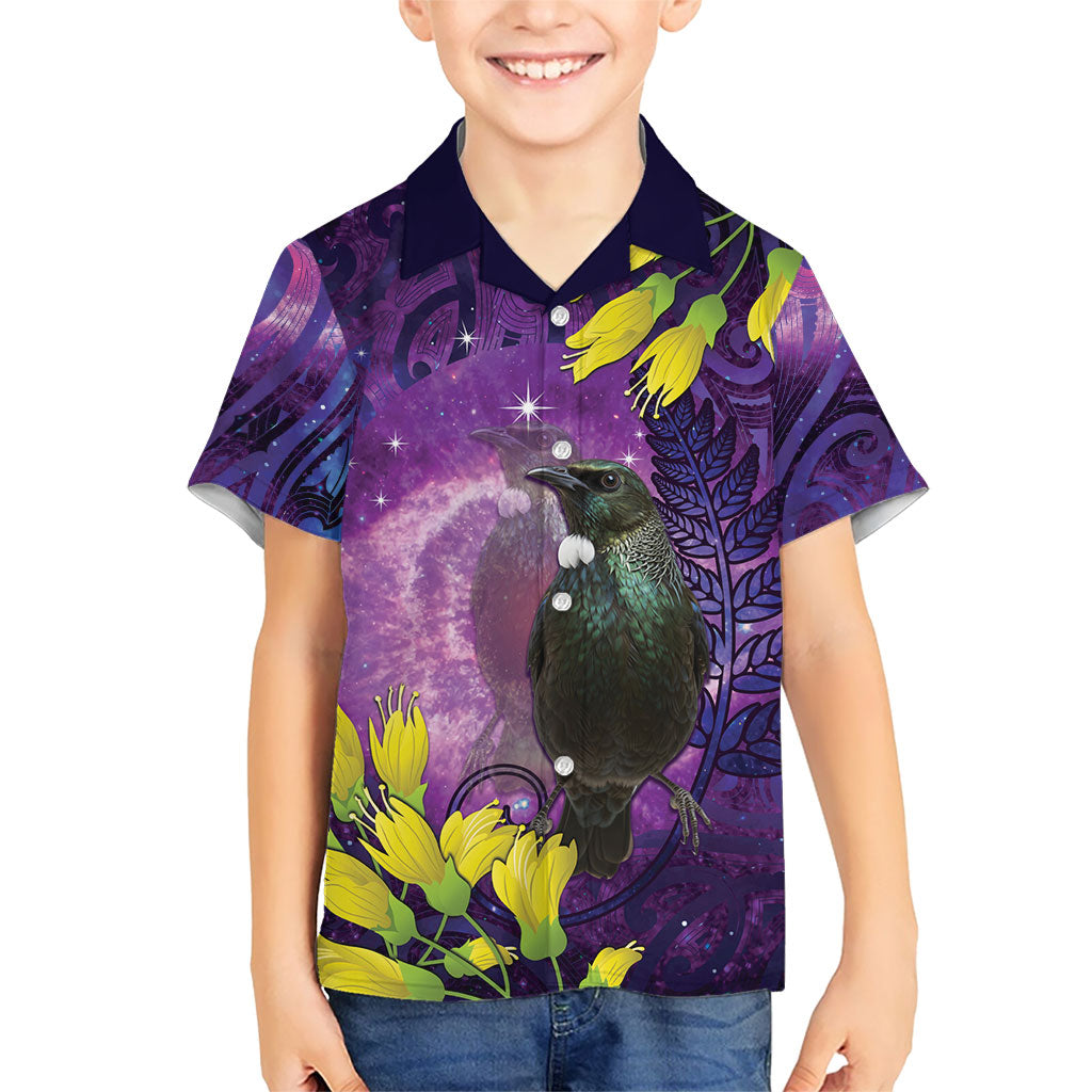 New Zealand Tui Bird Matariki Family Matching Puletasi and Hawaiian Shirt Kowhai Flower Silver Fern Galaxy Maori Pattern