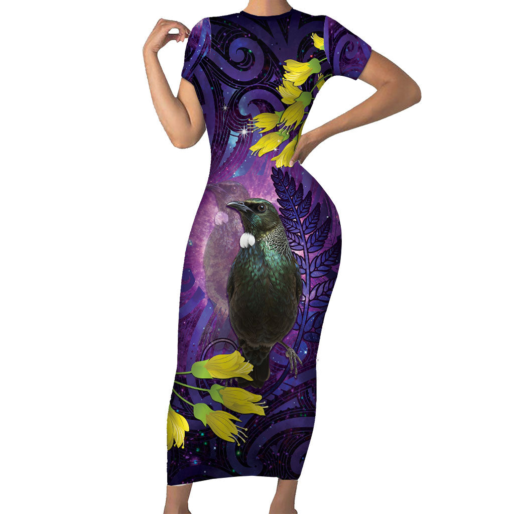 New Zealand Tui Bird Matariki Family Matching Short Sleeve Bodycon Dress and Hawaiian Shirt Kowhai Flower Silver Fern Galaxy Maori Pattern
