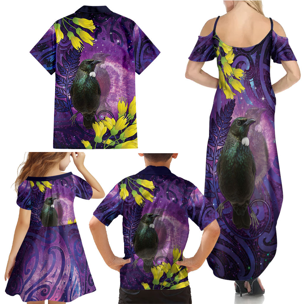 New Zealand Tui Bird Matariki Family Matching Summer Maxi Dress and Hawaiian Shirt Kowhai Flower Silver Fern Galaxy Maori Pattern