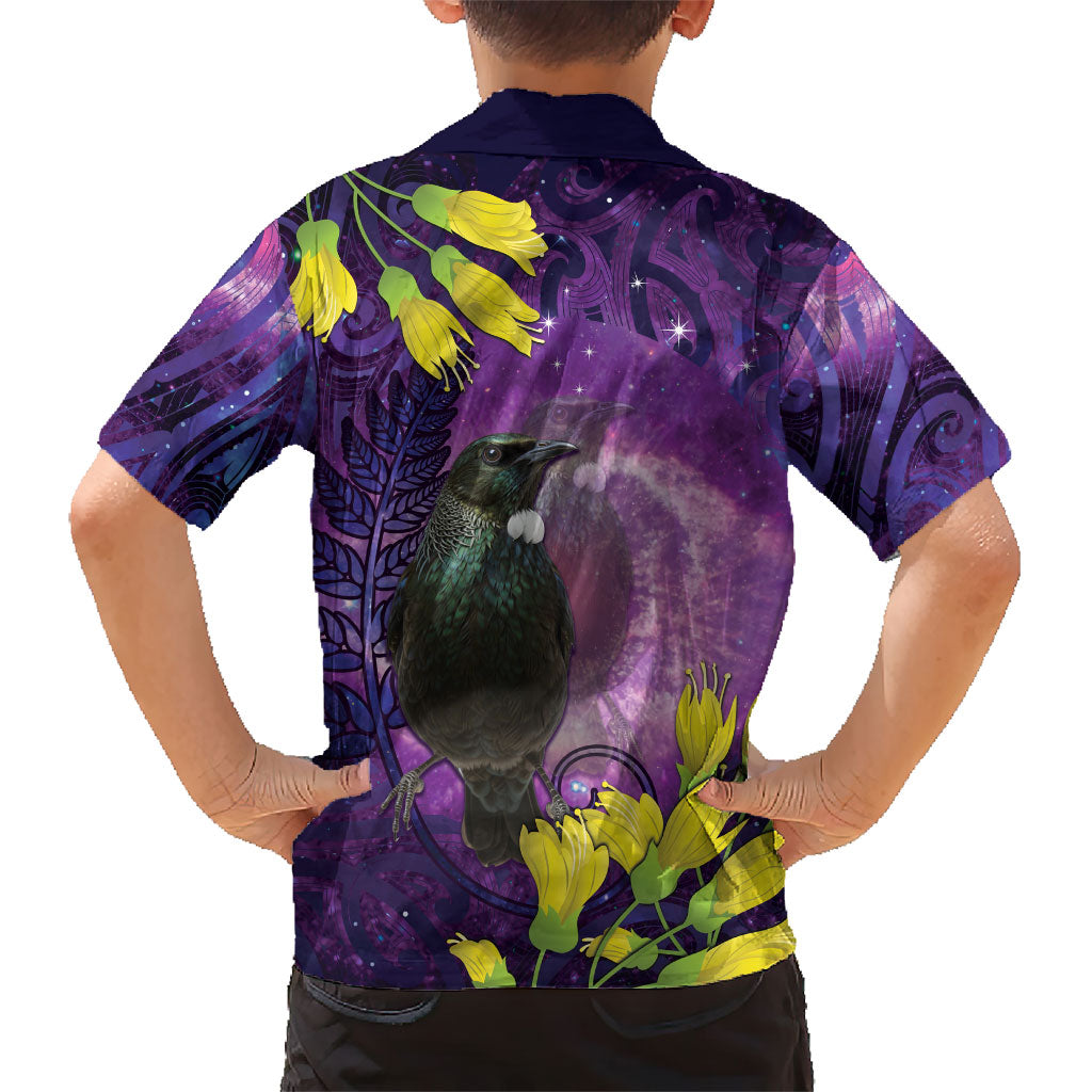 New Zealand Tui Bird Matariki Family Matching Tank Maxi Dress and Hawaiian Shirt Kowhai Flower Silver Fern Galaxy Maori Pattern