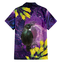 New Zealand Tui Bird Matariki Family Matching Tank Maxi Dress and Hawaiian Shirt Kowhai Flower Silver Fern Galaxy Maori Pattern