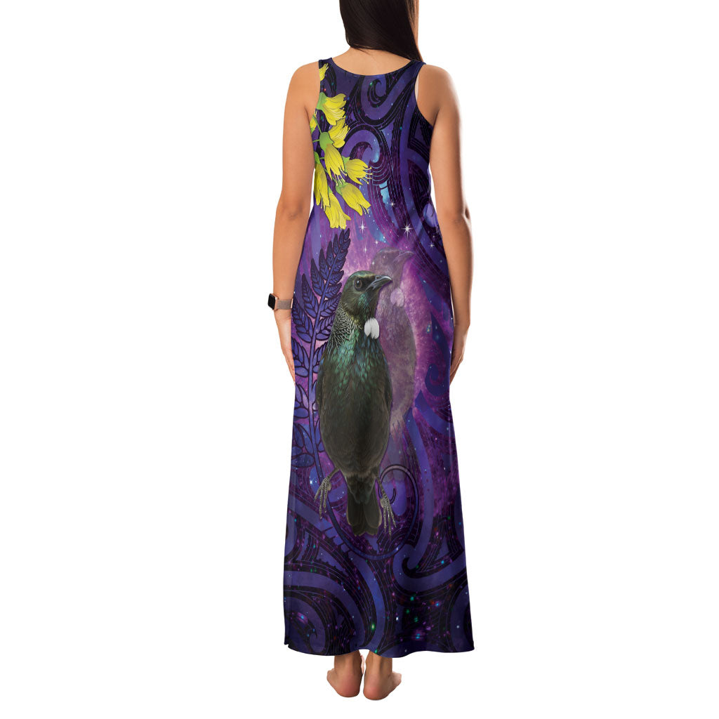 New Zealand Tui Bird Matariki Family Matching Tank Maxi Dress and Hawaiian Shirt Kowhai Flower Silver Fern Galaxy Maori Pattern