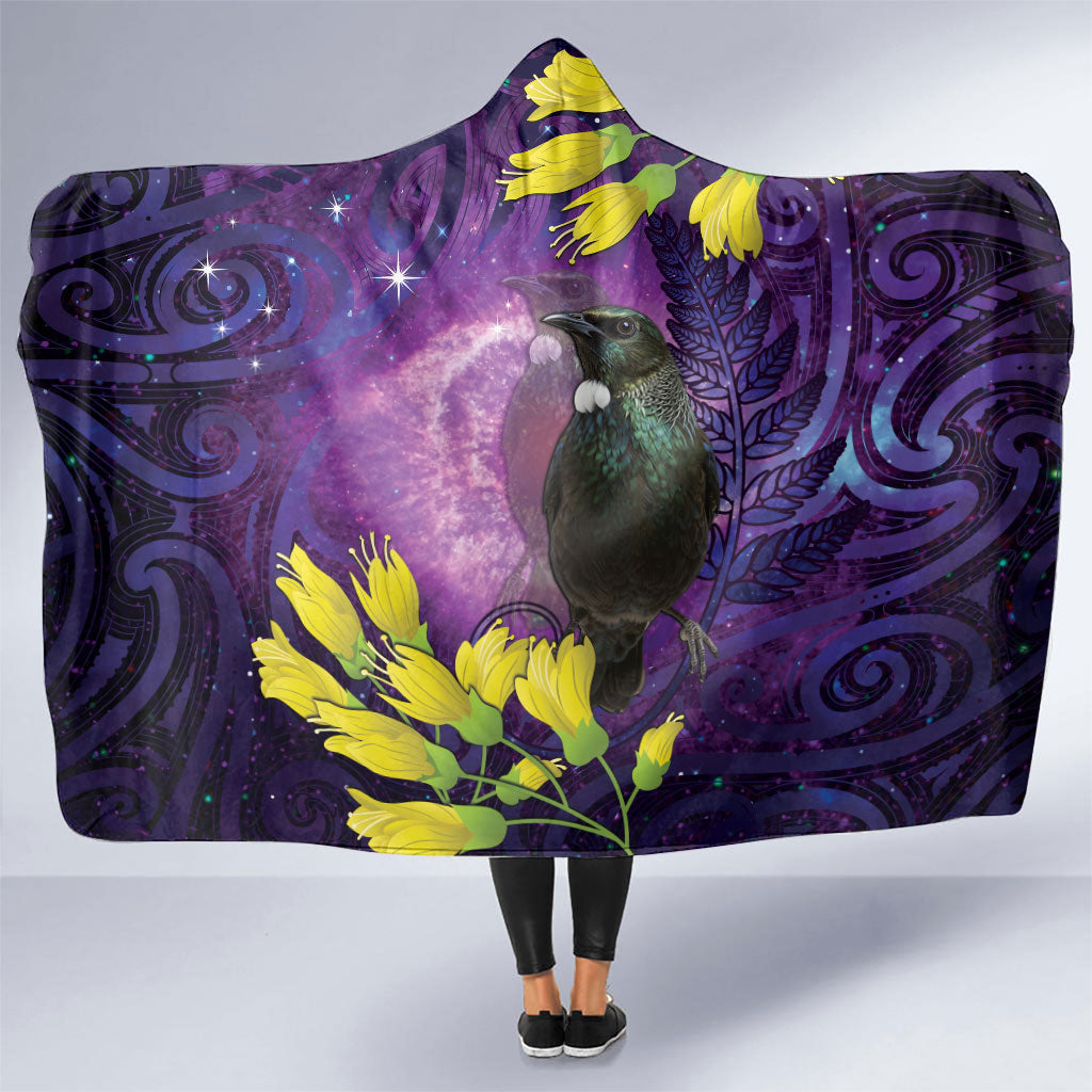New Zealand Tui Bird Matariki Hooded Blanket Kowhai Flower Silver Fern Galaxy Maori Pattern