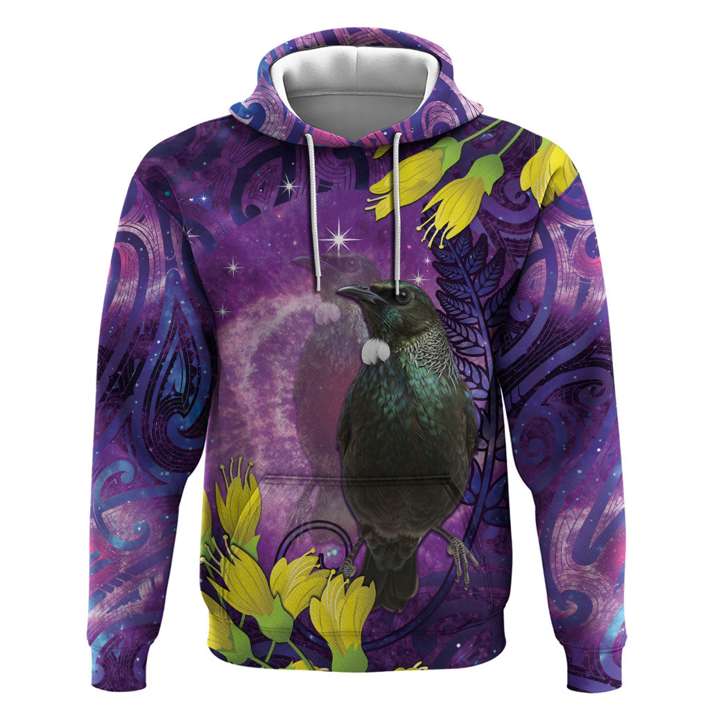New Zealand Tui Bird Matariki Hoodie Kowhai Flower Silver Fern Galaxy Maori Pattern