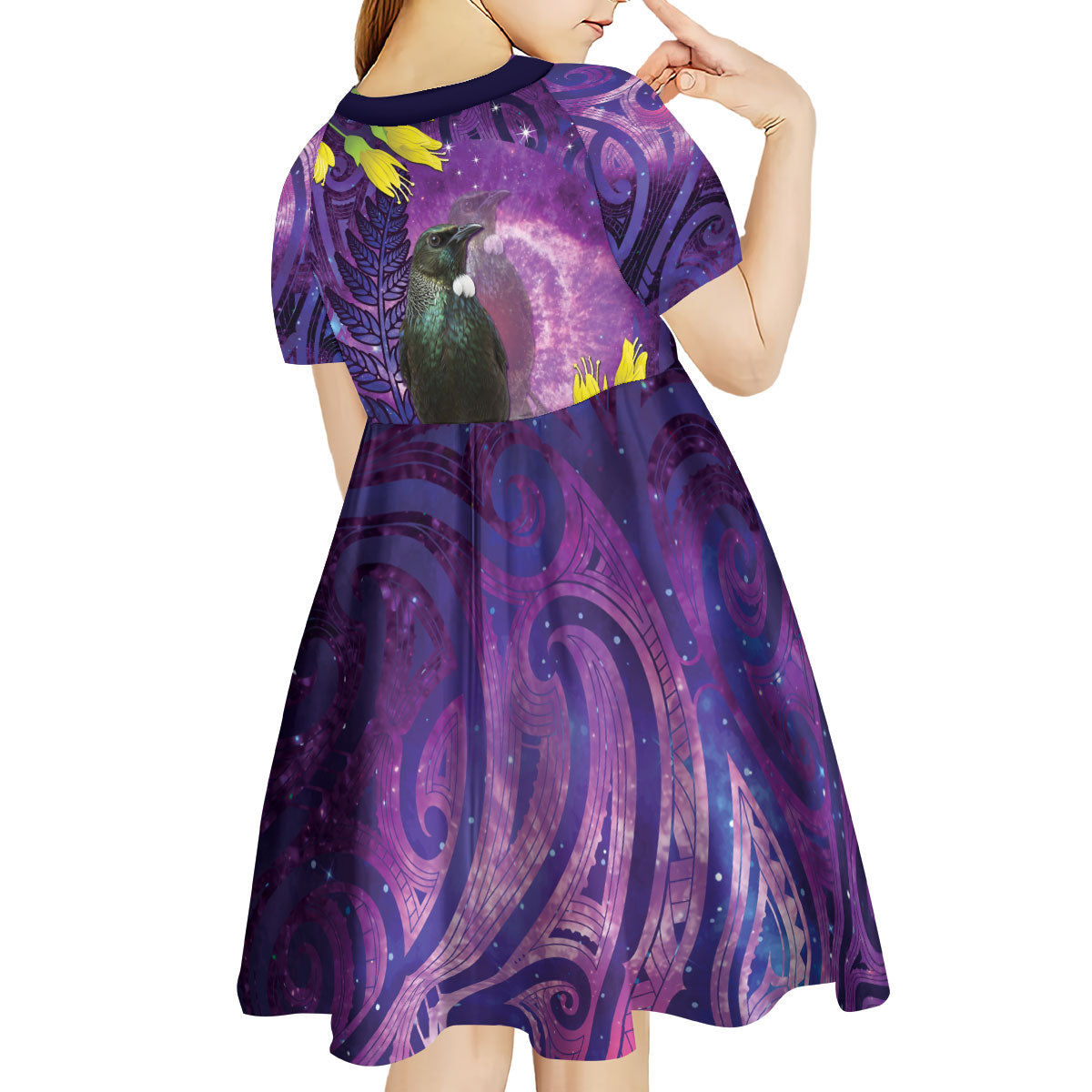 New Zealand Tui Bird Matariki Kid Short Sleeve Dress Kowhai Flower Silver Fern Galaxy Maori Pattern