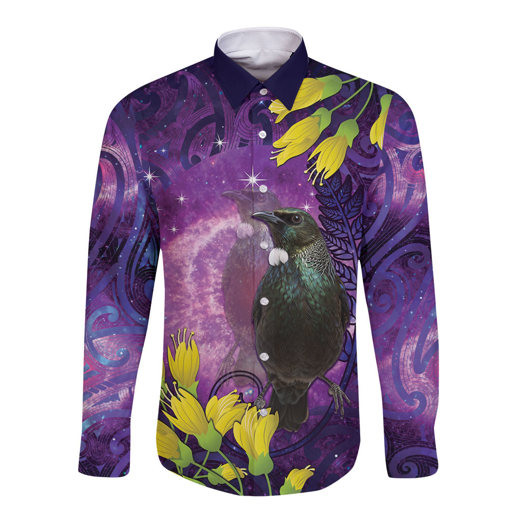 New Zealand Tui Bird Matariki Long Sleeve Button Shirt Kowhai Flower Silver Fern Galaxy Maori Pattern LT22 Unisex Purple - Polynesian Pride