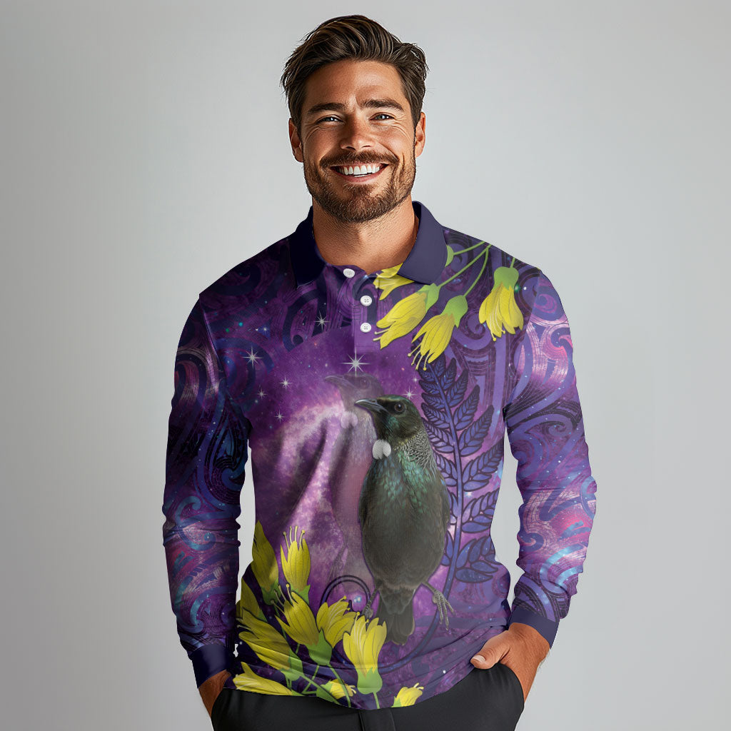 New Zealand Tui Bird Matariki Long Sleeve Polo Shirt Kowhai Flower Silver Fern Galaxy Maori Pattern