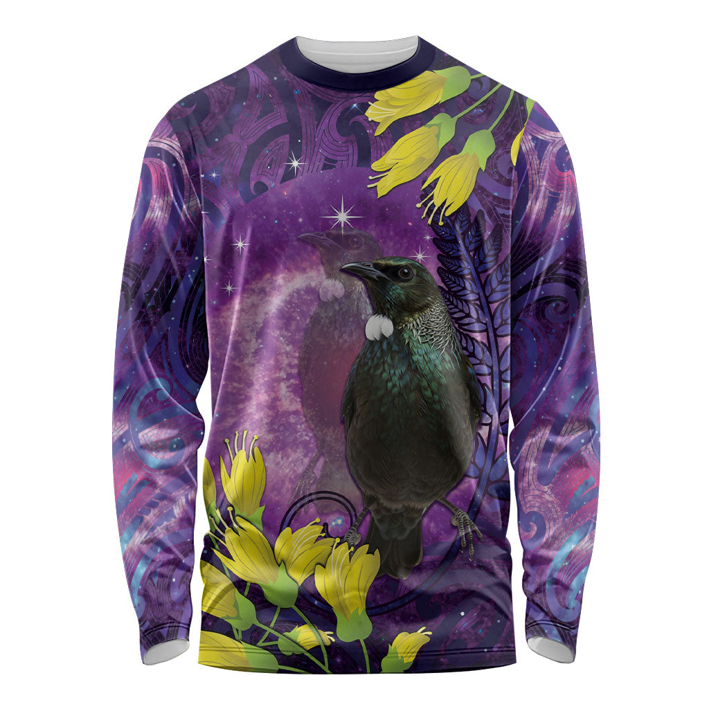 New Zealand Tui Bird Matariki Long Sleeve Shirt Kowhai Flower Silver Fern Galaxy Maori Pattern