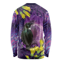 New Zealand Tui Bird Matariki Long Sleeve Shirt Kowhai Flower Silver Fern Galaxy Maori Pattern