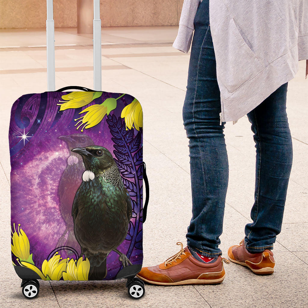 New Zealand Tui Bird Matariki Luggage Cover Kowhai Flower Silver Fern Galaxy Maori Pattern LT22 Purple - Polynesian Pride