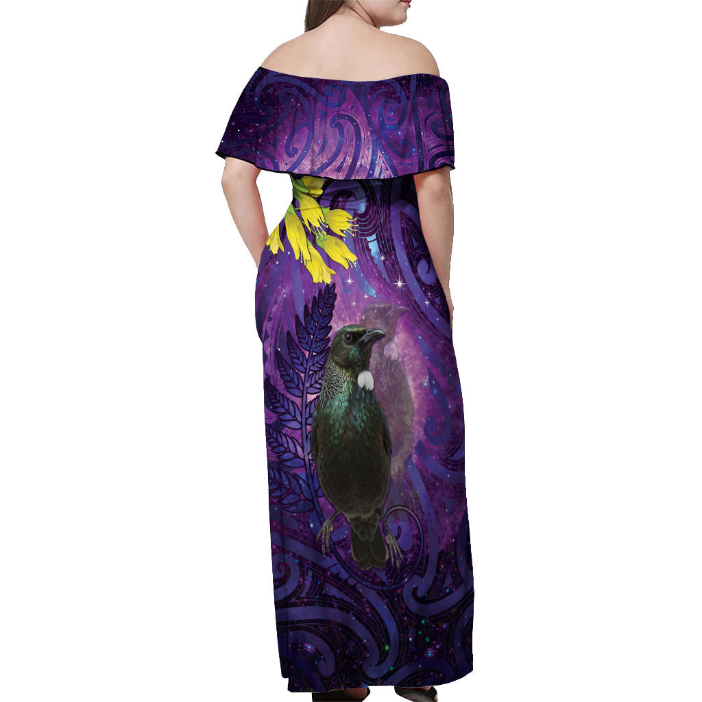 New Zealand Tui Bird Matariki Off Shoulder Maxi Dress Kowhai Flower Silver Fern Galaxy Maori Pattern