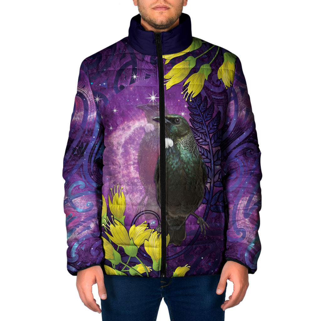 New Zealand Tui Bird Matariki Padded Jacket Kowhai Flower Silver Fern Galaxy Maori Pattern