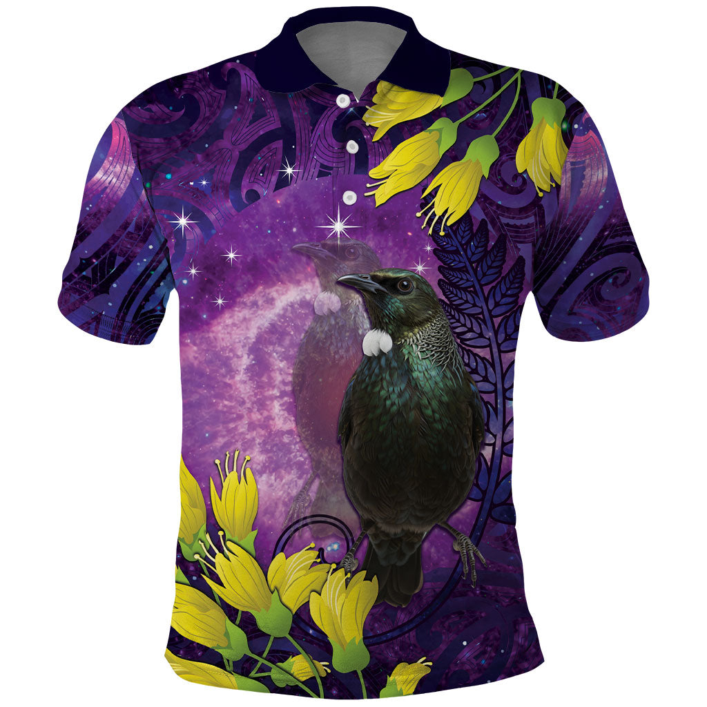 New Zealand Tui Bird Matariki Polo Shirt Kowhai Flower Silver Fern Galaxy Maori Pattern