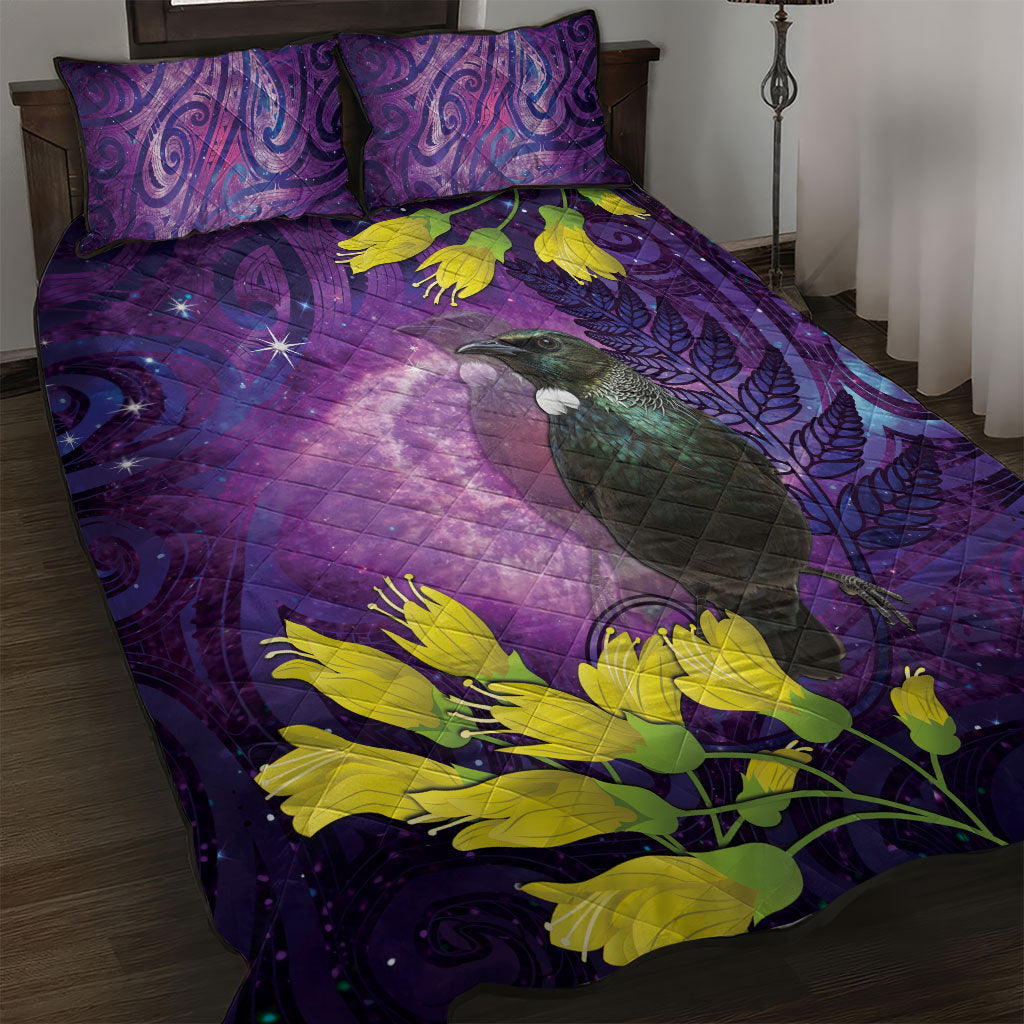 New Zealand Tui Bird Matariki Quilt Bed Set Kowhai Flower Silver Fern Galaxy Maori Pattern LT22 Purple - Polynesian Pride