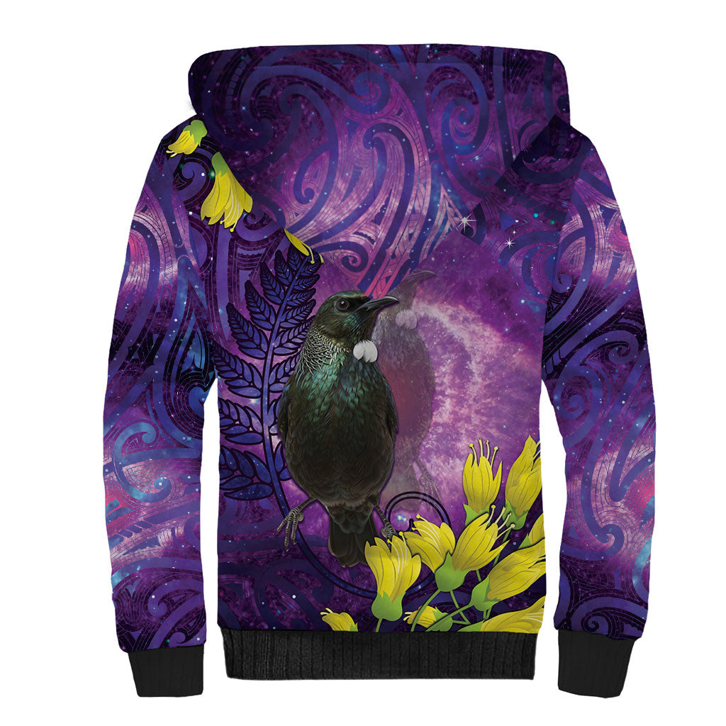 New Zealand Tui Bird Matariki Sherpa Hoodie Kowhai Flower Silver Fern Galaxy Maori Pattern