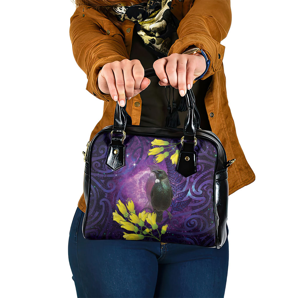 New Zealand Tui Bird Matariki Shoulder Handbag Kowhai Flower Silver Fern Galaxy Maori Pattern LT22 One Size Purple - Polynesian Pride