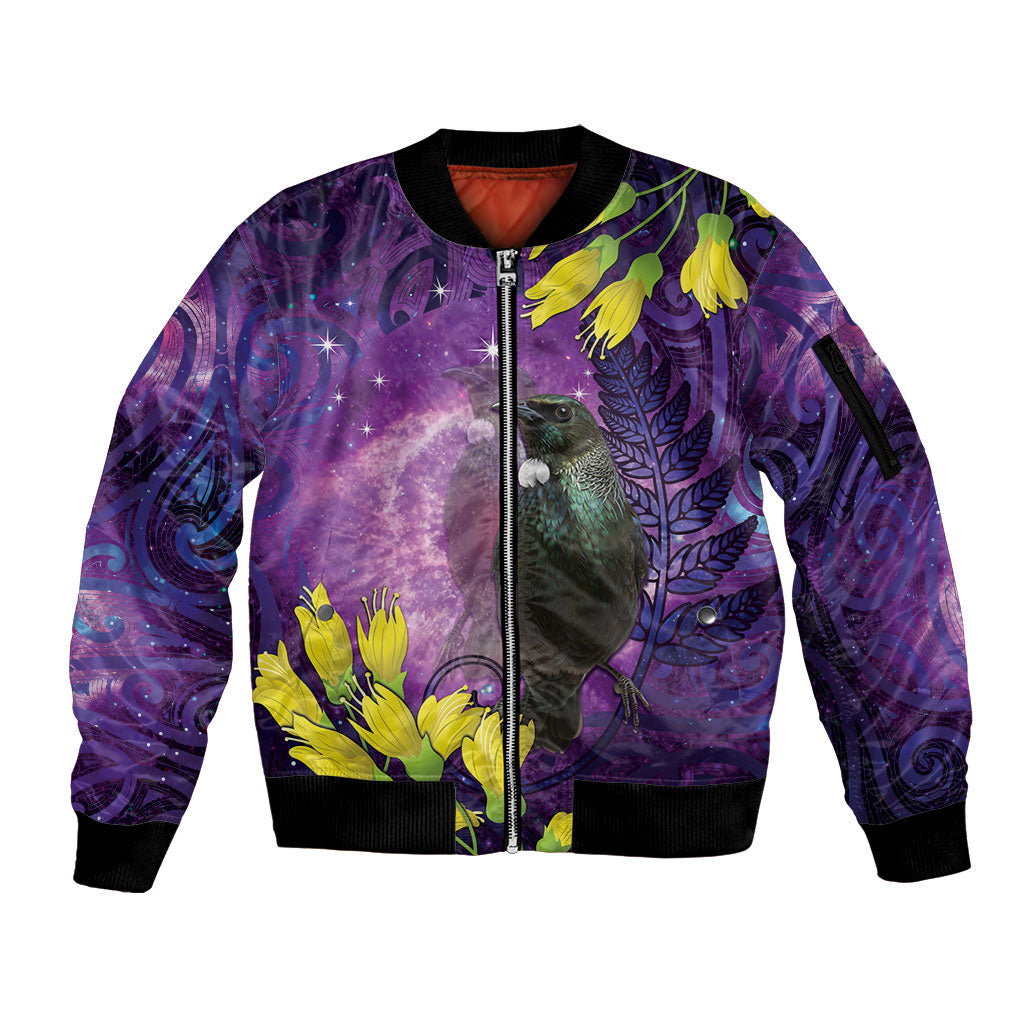New Zealand Tui Bird Matariki Sleeve Zip Bomber Jacket Kowhai Flower Silver Fern Galaxy Maori Pattern LT22 Unisex Purple - Polynesian Pride