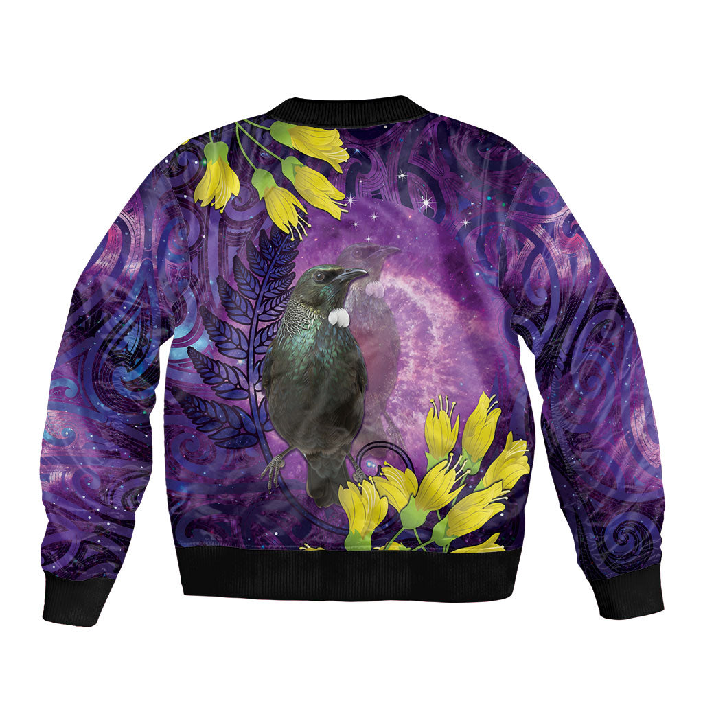 New Zealand Tui Bird Matariki Sleeve Zip Bomber Jacket Kowhai Flower Silver Fern Galaxy Maori Pattern LT22 - Polynesian Pride
