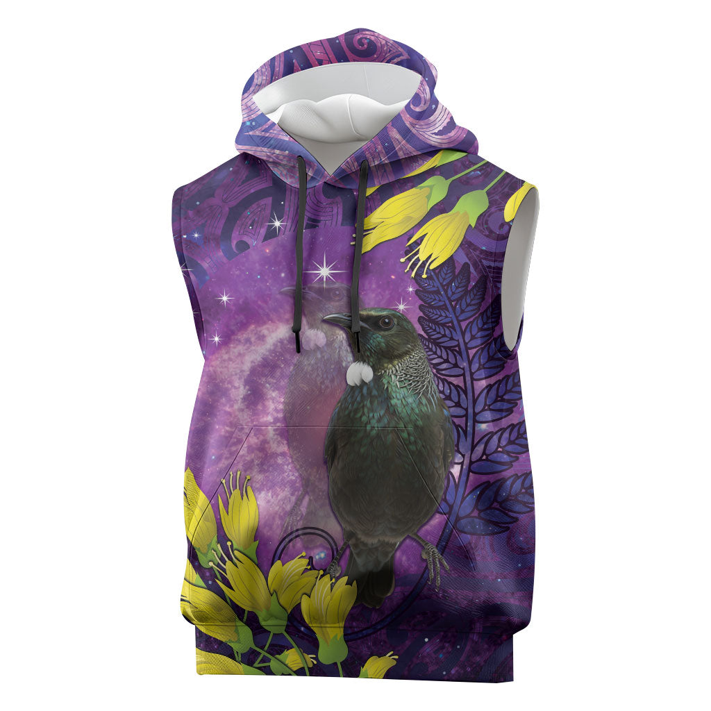 New Zealand Tui Bird Matariki Sleeveless Hoodie Kowhai Flower Silver Fern Galaxy Maori Pattern