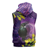 New Zealand Tui Bird Matariki Sleeveless Hoodie Kowhai Flower Silver Fern Galaxy Maori Pattern