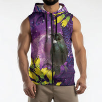 New Zealand Tui Bird Matariki Sleeveless Zip Hoodie Kowhai Flower Silver Fern Galaxy Maori Pattern
