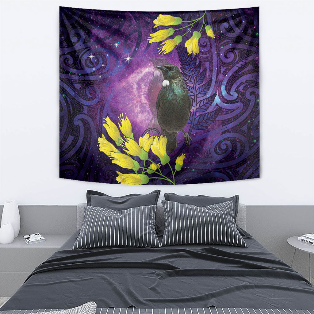 New Zealand Tui Bird Matariki Tapestry Kowhai Flower Silver Fern Galaxy Maori Pattern