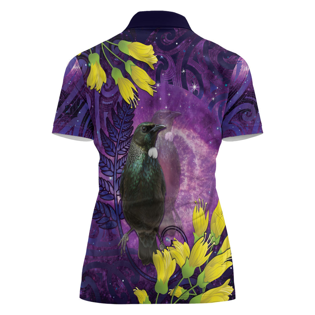 New Zealand Tui Bird Matariki Women Polo Shirt Kowhai Flower Silver Fern Galaxy Maori Pattern