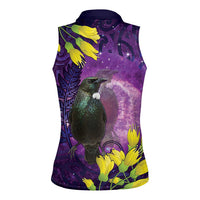 New Zealand Tui Bird Matariki Women Sleeveless Polo Shirt Kowhai Flower Silver Fern Galaxy Maori Pattern