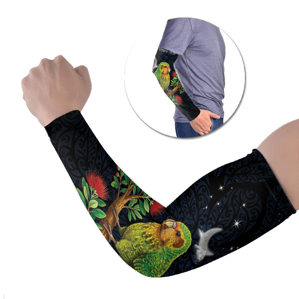 New Zealand Kakapo Matariki Personalised Arm Sleeves Pohutukawa Flower Galaxy Maori Pattern LT22 Set of 2 Black - Polynesian Pride