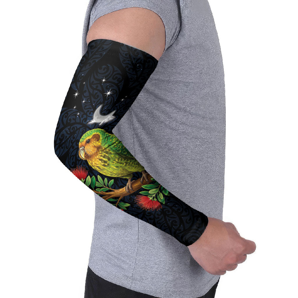 New Zealand Kakapo Matariki Personalised Arm Sleeves Pohutukawa Flower Galaxy Maori Pattern LT22 - Polynesian Pride