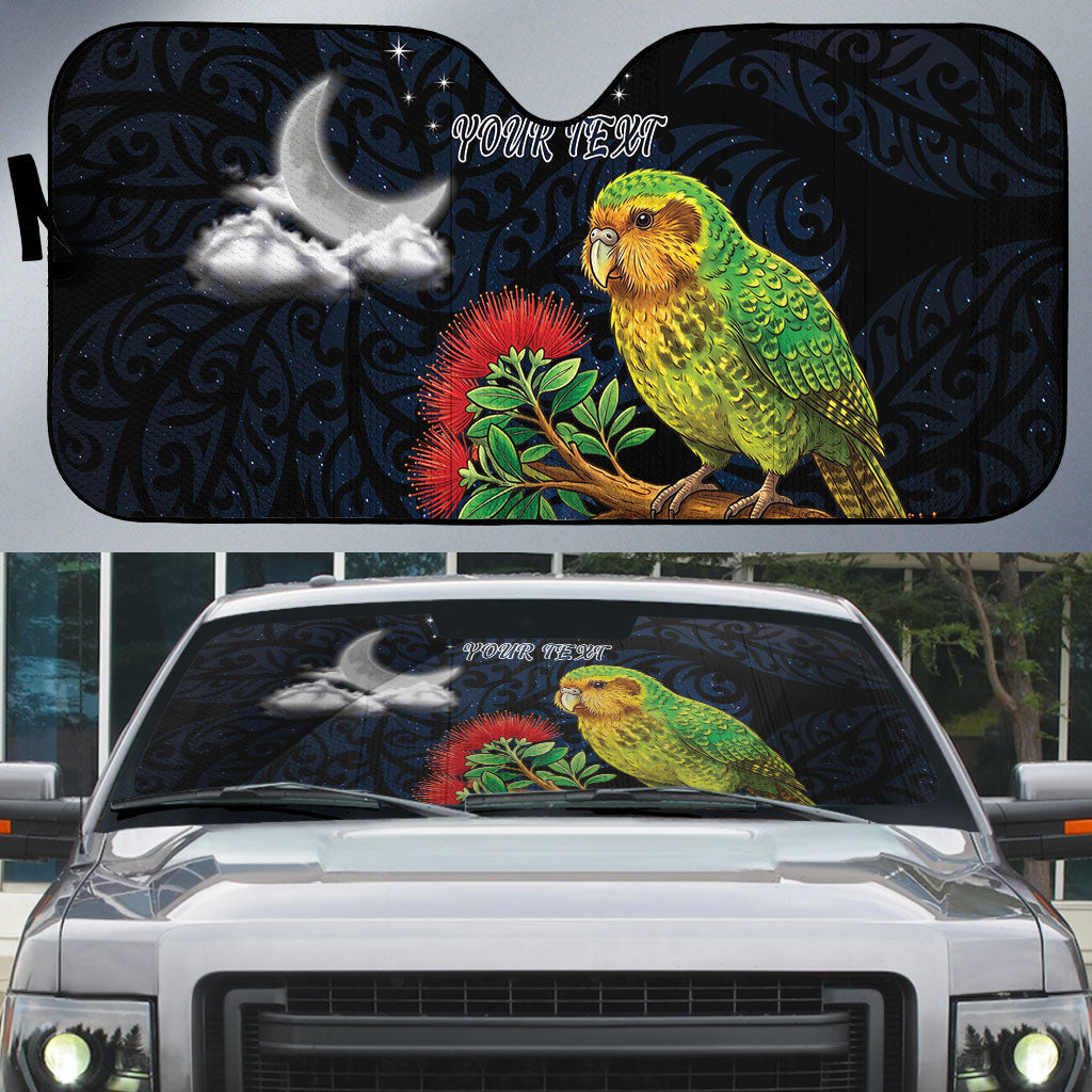 New Zealand Kakapo Matariki Personalised Auto Sun Shade Pohutukawa Flower Galaxy Maori Pattern LT22 Black - Polynesian Pride