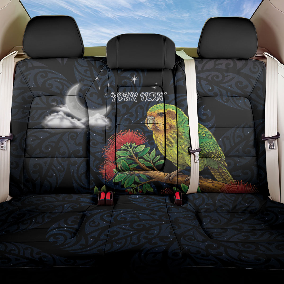 New Zealand Kakapo Matariki Personalised Back Car Seat Cover Pohutukawa Flower Galaxy Maori Pattern LT22 One Size Black - Polynesian Pride