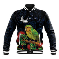 New Zealand Kakapo Matariki Personalised Baseball Jacket Pohutukawa Flower Galaxy Maori Pattern LT22 Unisex Black - Polynesian Pride