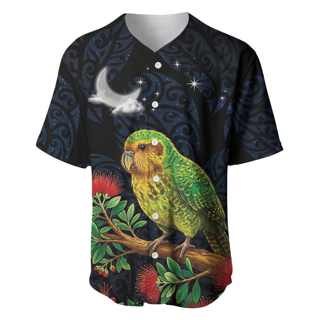 New Zealand Kakapo Matariki Personalised Baseball Jersey Pohutukawa Flower Galaxy Maori Pattern LT22 Black - Polynesian Pride
