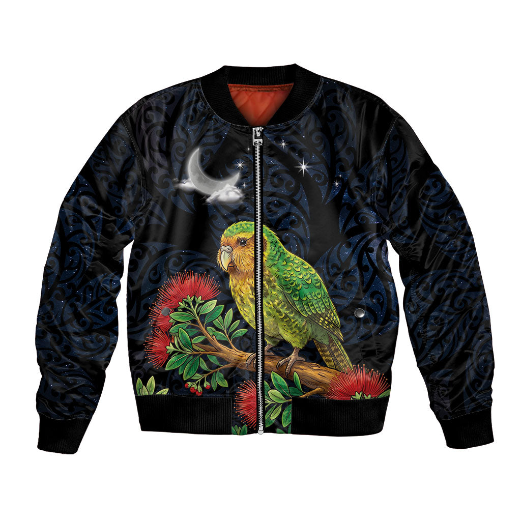 New Zealand Kakapo Matariki Personalised Bomber Jacket Pohutukawa Flower Galaxy Maori Pattern LT22 Unisex Black - Polynesian Pride