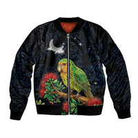 New Zealand Kakapo Matariki Personalised Bomber Jacket Pohutukawa Flower Galaxy Maori Pattern LT22 Unisex Black - Polynesian Pride