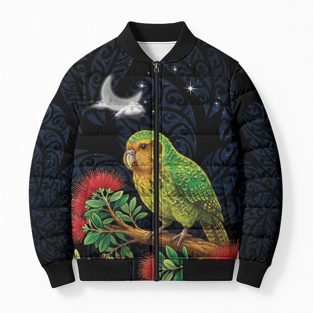 New Zealand Kakapo Matariki Personalised Bomber Puffer Jacket Pohutukawa Flower Galaxy Maori Pattern LT22 Unisex Black - Polynesian Pride