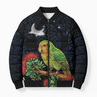 New Zealand Kakapo Matariki Personalised Bomber Puffer Jacket Pohutukawa Flower Galaxy Maori Pattern LT22 Unisex Black - Polynesian Pride