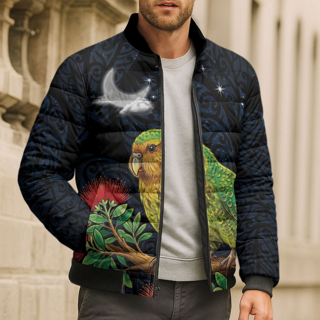 New Zealand Kakapo Matariki Personalised Bomber Puffer Jacket Pohutukawa Flower Galaxy Maori Pattern LT22 - Polynesian Pride