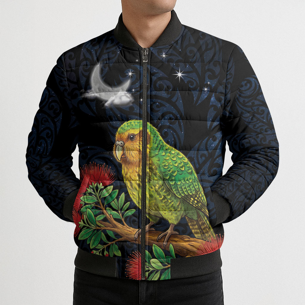 New Zealand Kakapo Matariki Personalised Bomber Puffer Jacket Pohutukawa Flower Galaxy Maori Pattern LT22 - Polynesian Pride