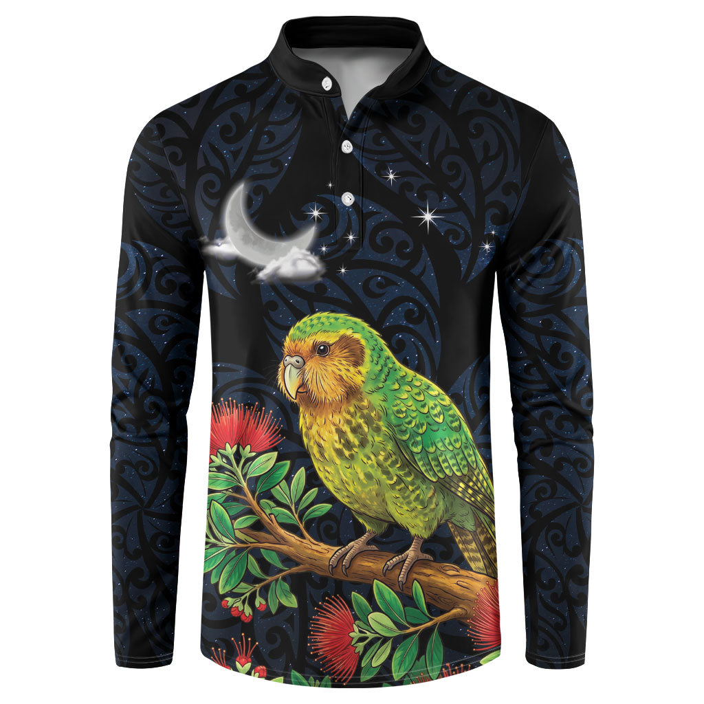 New Zealand Kakapo Matariki Personalised Button Sweatshirt Pohutukawa Flower Galaxy Maori Pattern LT22 Black - Polynesian Pride