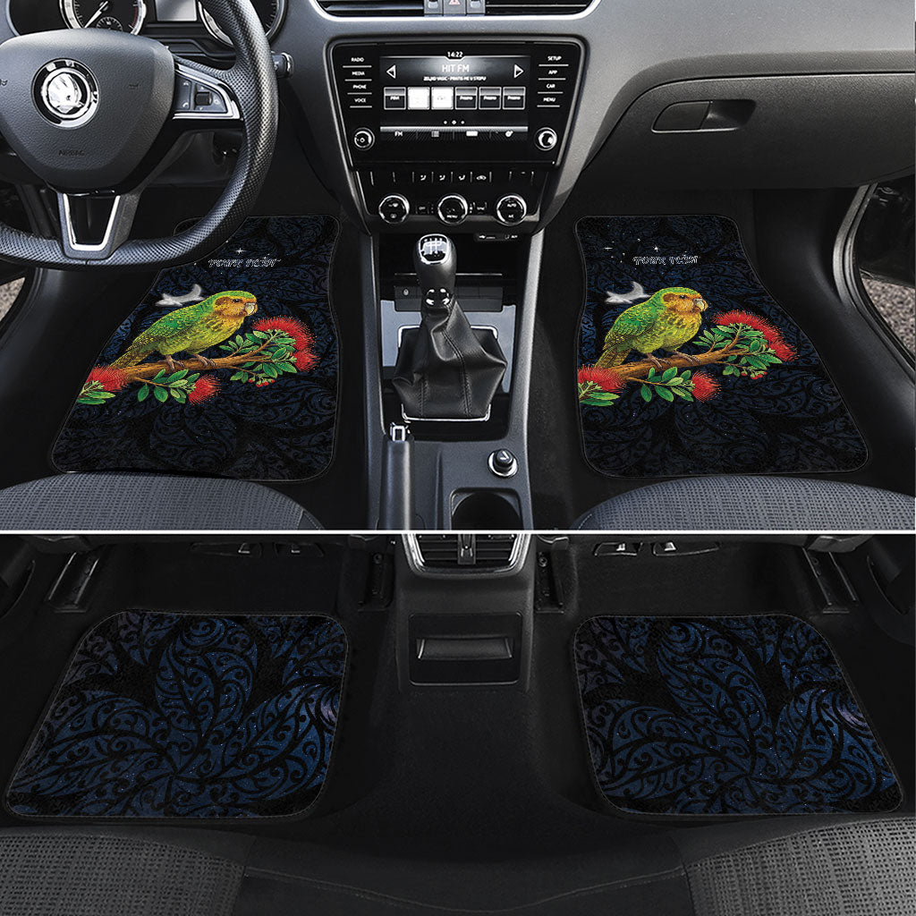 New Zealand Kakapo Matariki Personalised Car Mats Pohutukawa Flower Galaxy Maori Pattern LT22 Set 4pcs Black - Polynesian Pride