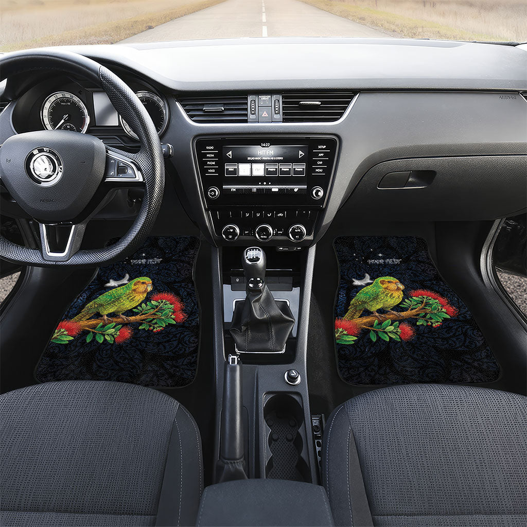 New Zealand Kakapo Matariki Personalised Car Mats Pohutukawa Flower Galaxy Maori Pattern LT22 Set 2pcs - Front Black - Polynesian Pride