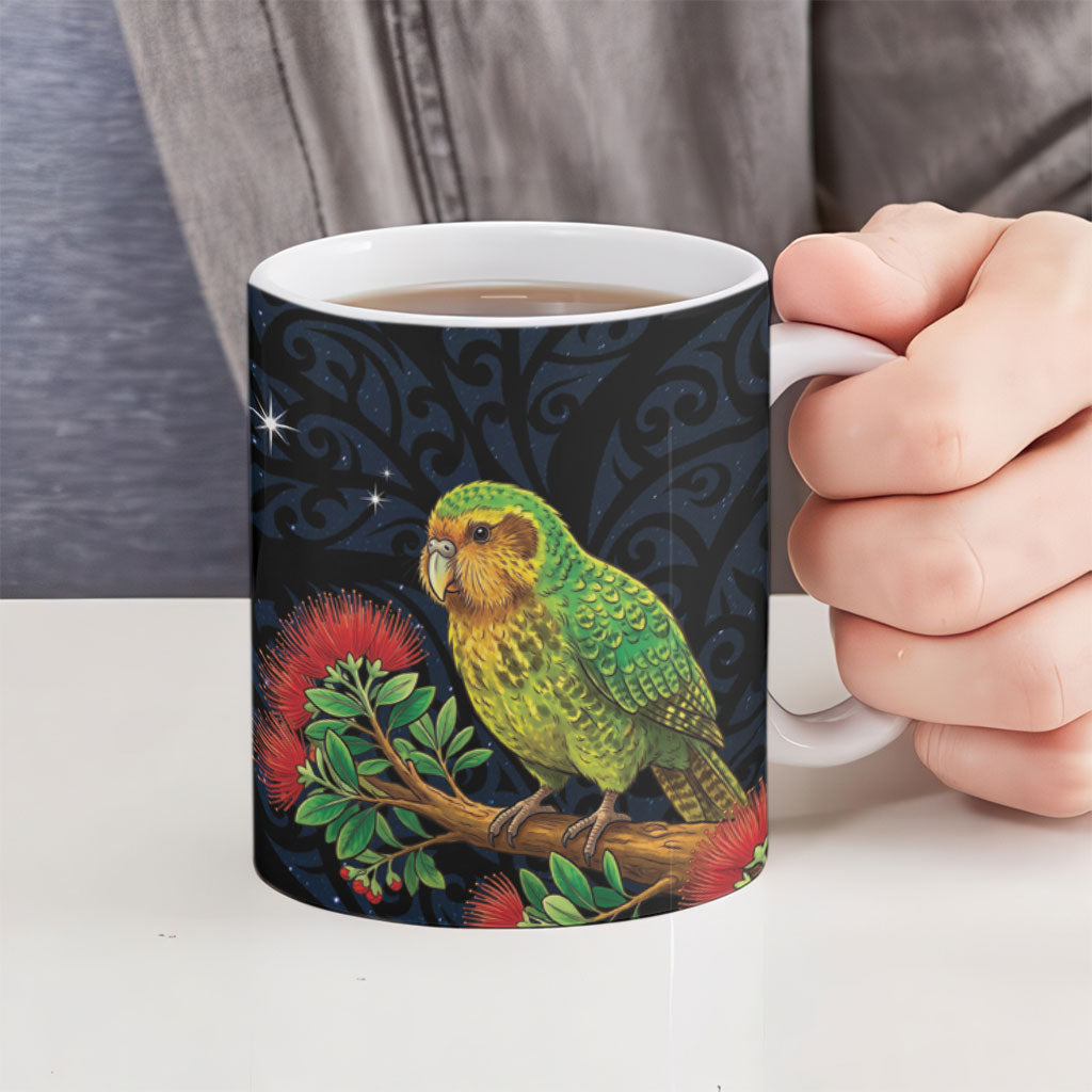 New Zealand Kakapo Matariki Personalised Ceramic Mug Pohutukawa Flower Galaxy Maori Pattern LT22 - Polynesian Pride