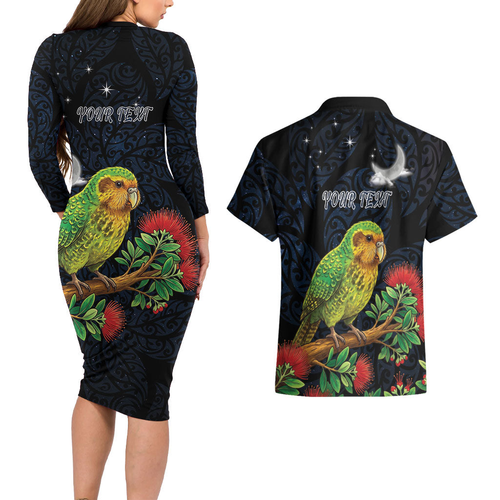 New Zealand Kakapo Matariki Personalised Couples Matching Long Sleeve Bodycon Dress and Hawaiian Shirt Pohutukawa Flower Galaxy Maori Pattern
