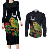 New Zealand Kakapo Matariki Personalised Couples Matching Long Sleeve Bodycon Dress and Long Sleeve Button Shirt Pohutukawa Flower Galaxy Maori Pattern