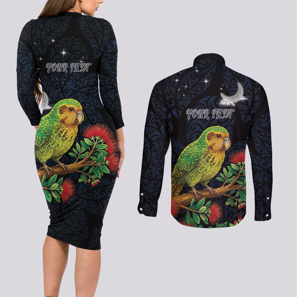 New Zealand Kakapo Matariki Personalised Couples Matching Long Sleeve Bodycon Dress and Long Sleeve Button Shirt Pohutukawa Flower Galaxy Maori Pattern