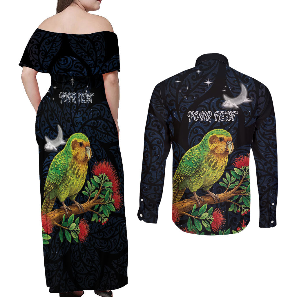 New Zealand Kakapo Matariki Personalised Couples Matching Off Shoulder Maxi Dress and Long Sleeve Button Shirt Pohutukawa Flower Galaxy Maori Pattern